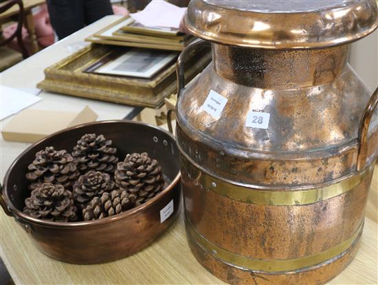 A copper milk churn and a Victorian copper two handled pan (2)